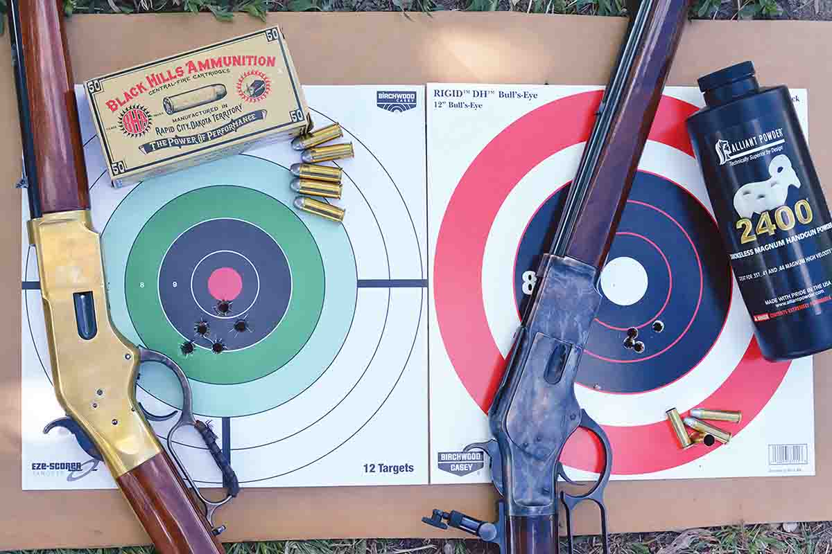 Uberti leverguns are generally very accurate as can be seen with these 50-yard groups from a Model 1866 Yellowboy Carbine in .45 Colt and an 1873 Rifle chambered in .357 Magnum.